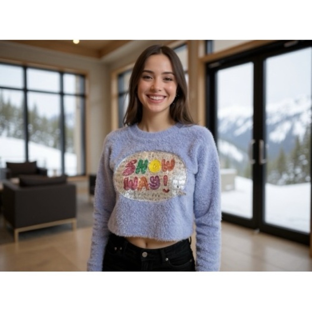 Nasty Gal Collection Fuzzy‎ Periwinkle Sweater Sequin Embellished Cropped S cozy